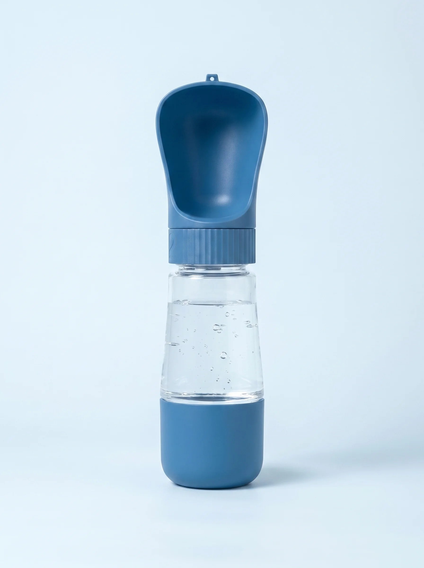 Coziekin 2-in-1 travel dog water bottle in blue, filled, with fold-out bowl
