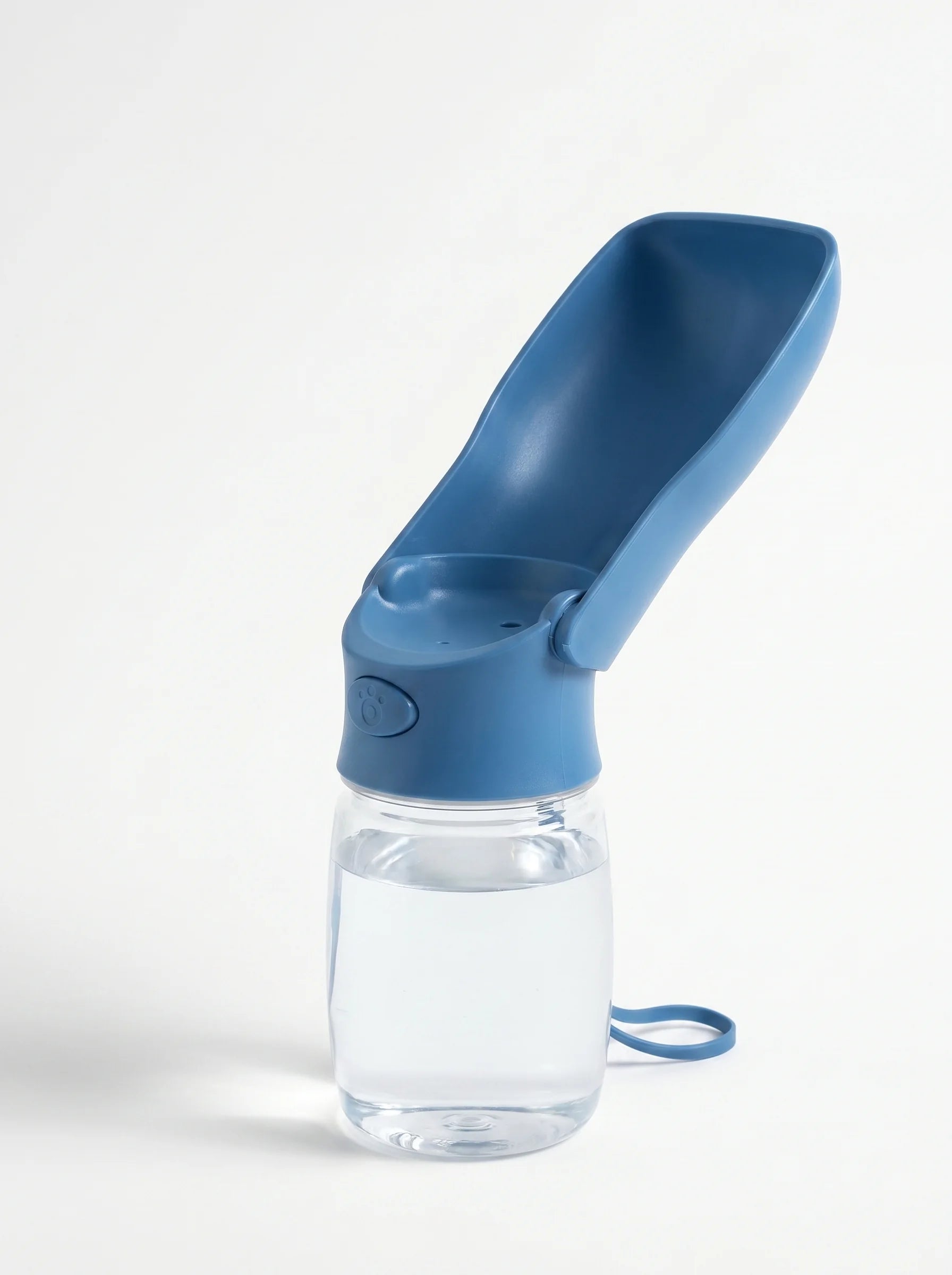 Coziekin 2-in-1 travel water bottle in blue, scoop bowl open