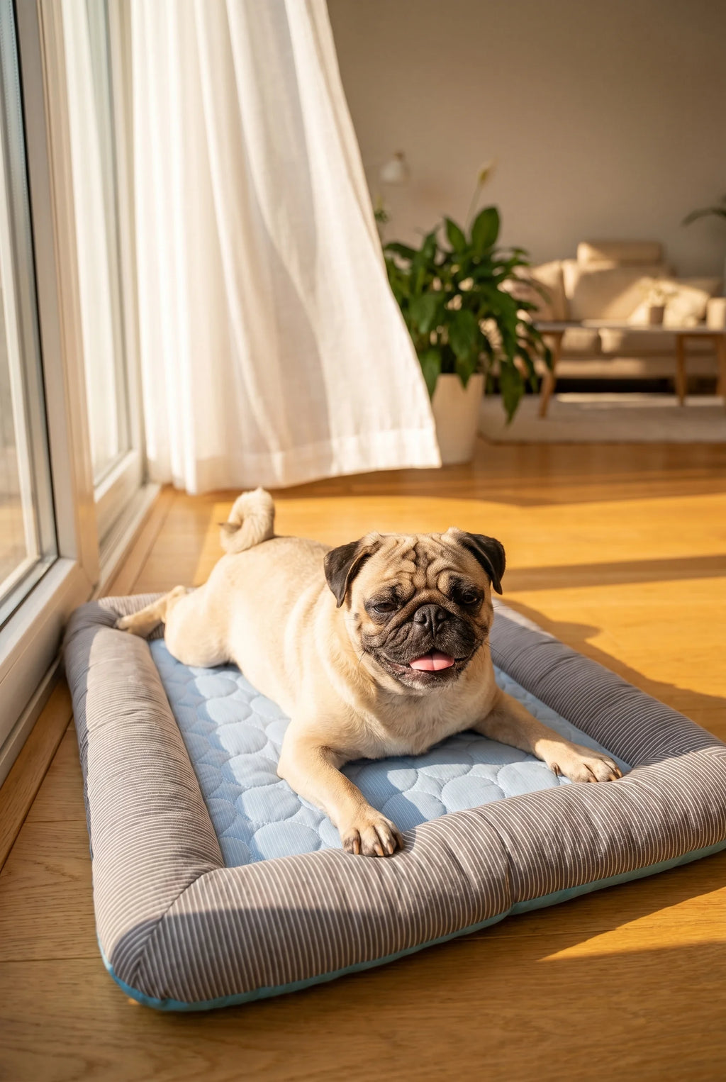 A relaxed pug lying cool and content on the Coziekin cooling mat