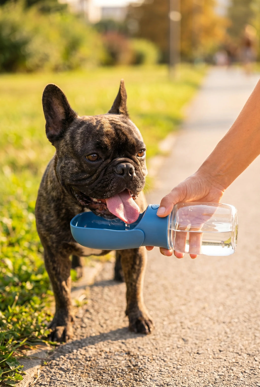 A French bulldog drinking from the Coziekin travel water bottle on a walk
